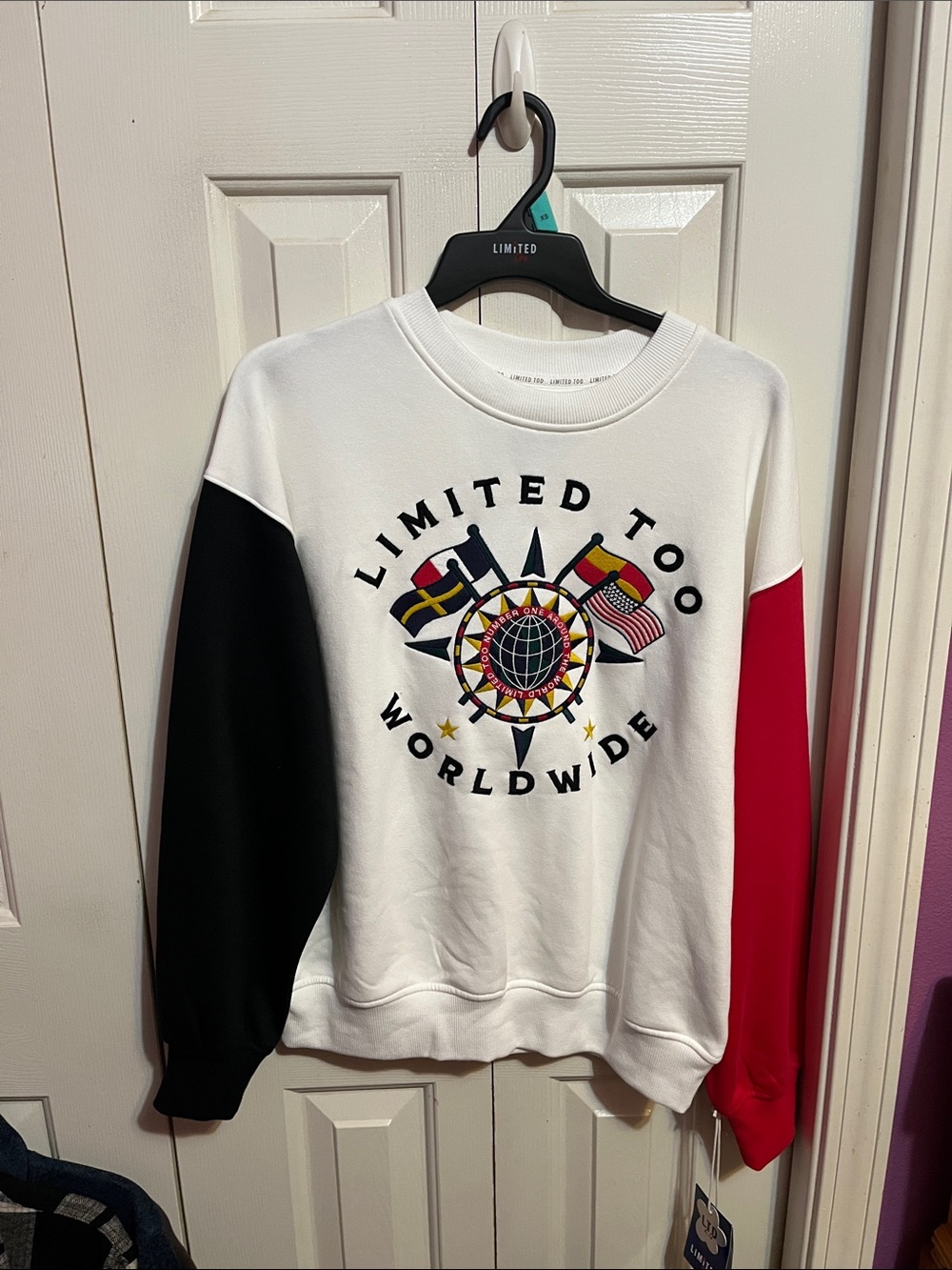 Limited Too White Crewneck Sweater with Black & Red Sleeves